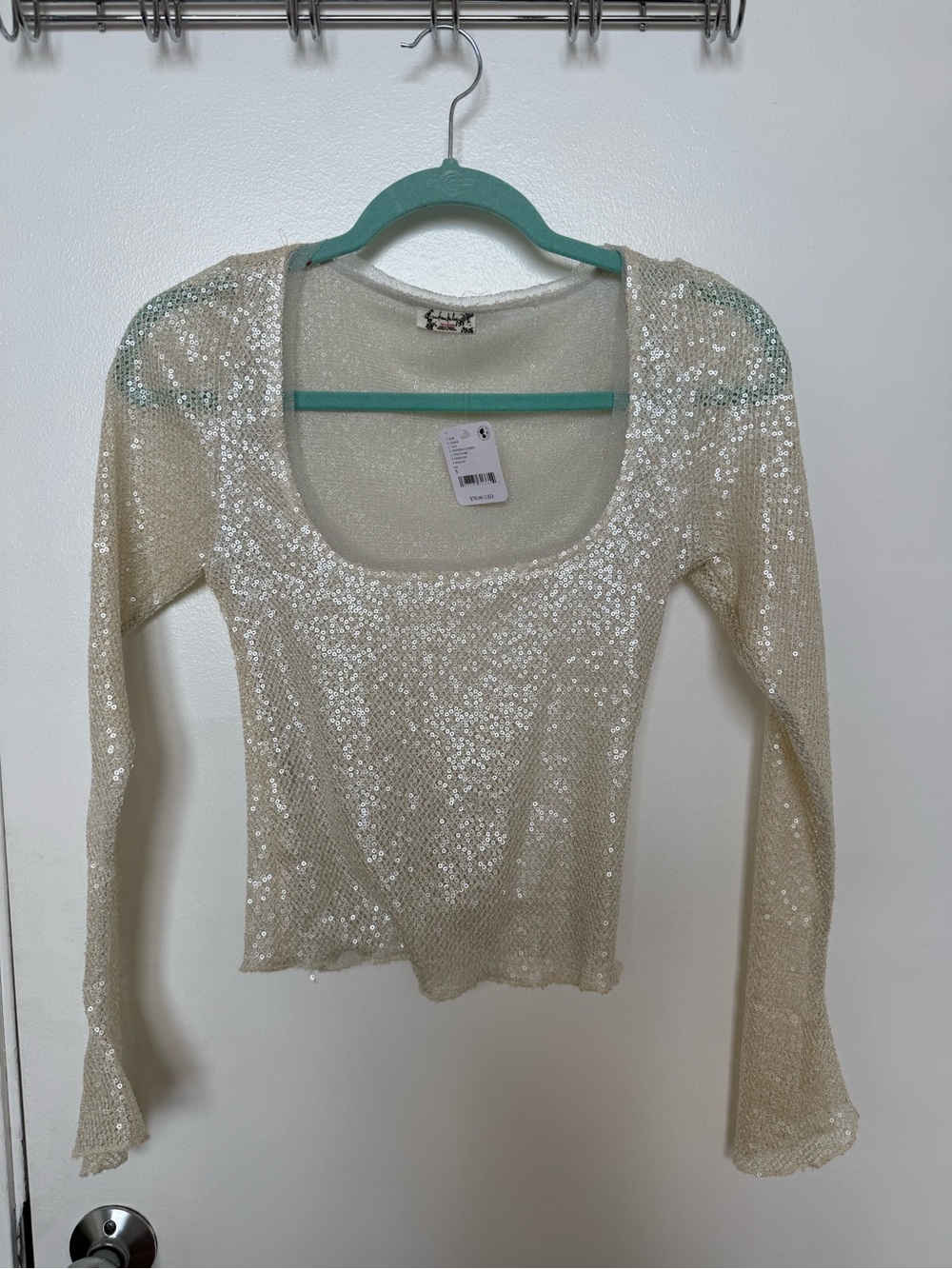 Free People Cream Sequin Scoop Neck Long Sleeve Top